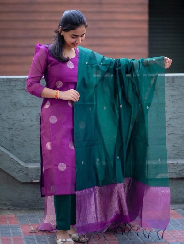 Model wearing the purple jacquard art silk kurta, pant & dupatta set, front view