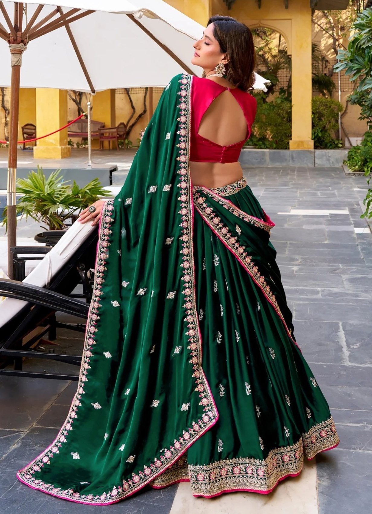 Green zari embroidered Chinon semi-stitched lehenga choli set with dupatta, back view