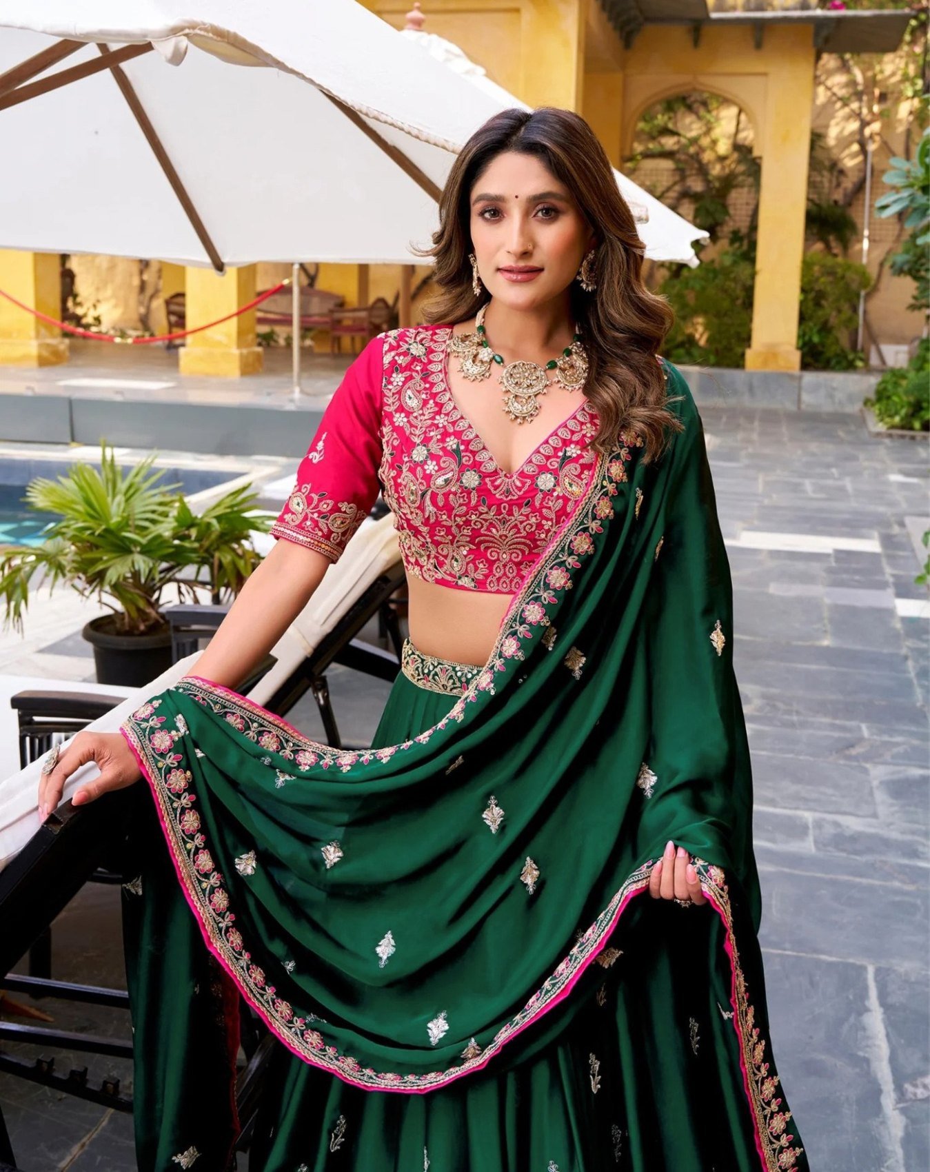 Green zari embroidered Chinon semi-stitched lehenga choli set with dupatta, detail view