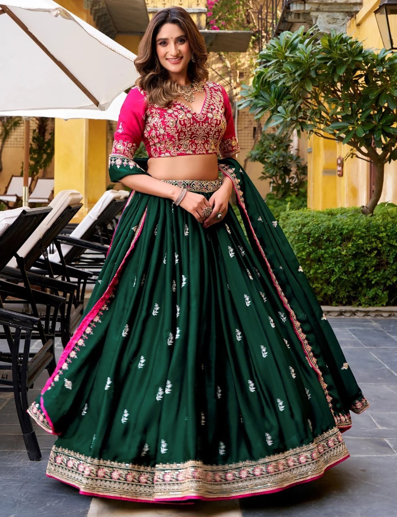 Green zari embroidered Chinon semi-stitched lehenga choli set with dupatta, front view