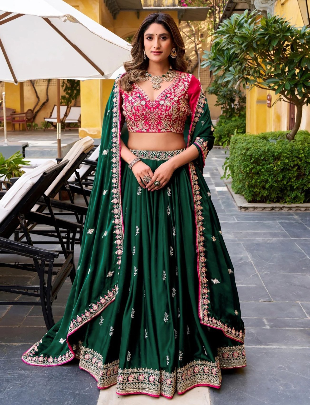 Green zari embroidered Chinon semi-stitched lehenga choli set with dupatta, styled view