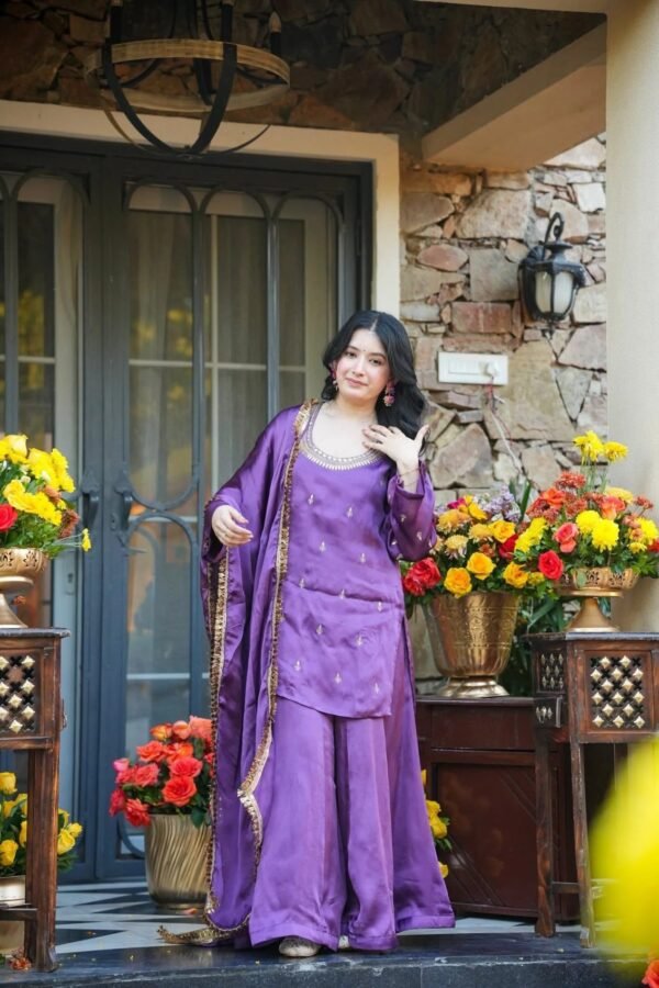 Lavender embroidered silk crepe kurti with palazzo and dupatta, front view
