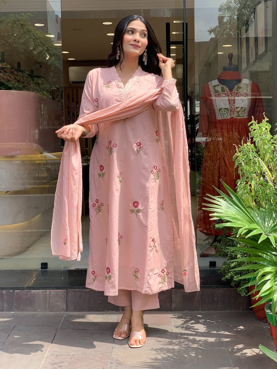 Peach embroidered Chanderi kurta with pant and dupatta, front view