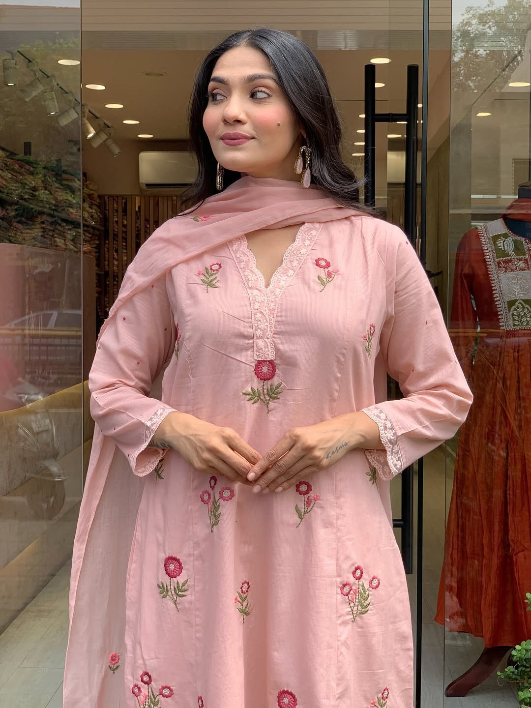 Peach Chanderi kurta set styled with the sheer dupatta