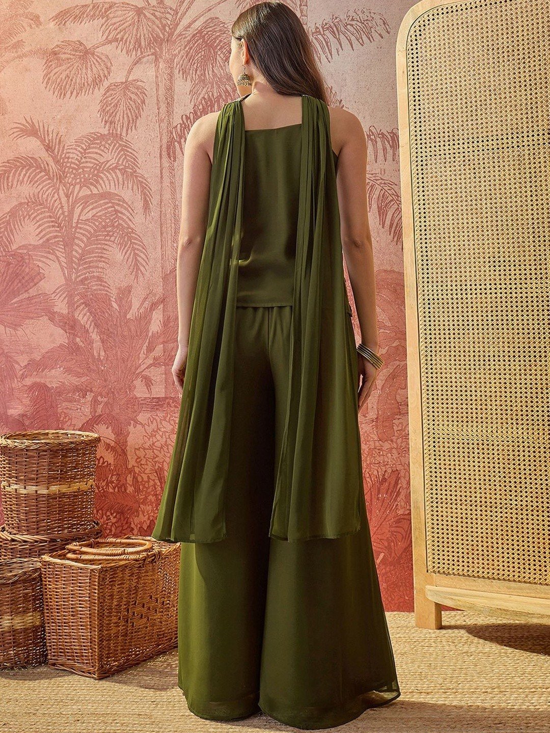 Olive Green embroidered georgette top with wide-leg palazzo and dupatta, back
