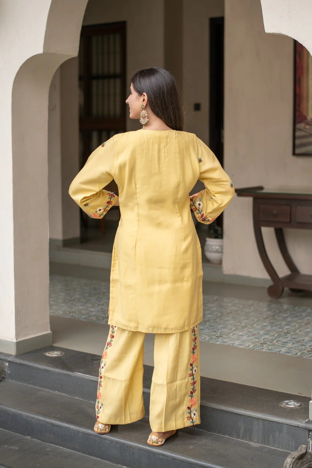 Back view of the yellow French crepe kurti and pant