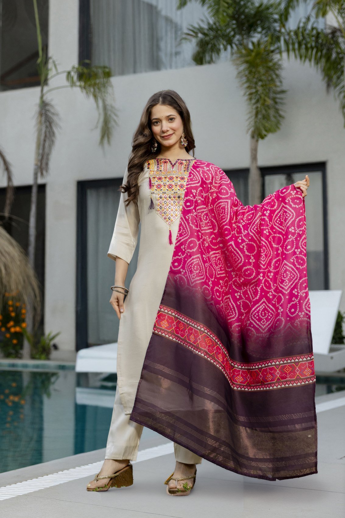 Cream embroidered viscose shimmer kurta with pant and bandhani dupatta, front view
