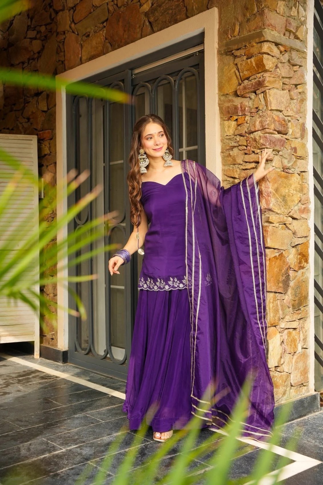 Purple embroidered Rangoli silk top with flared palazzo and organza dupatta, front view