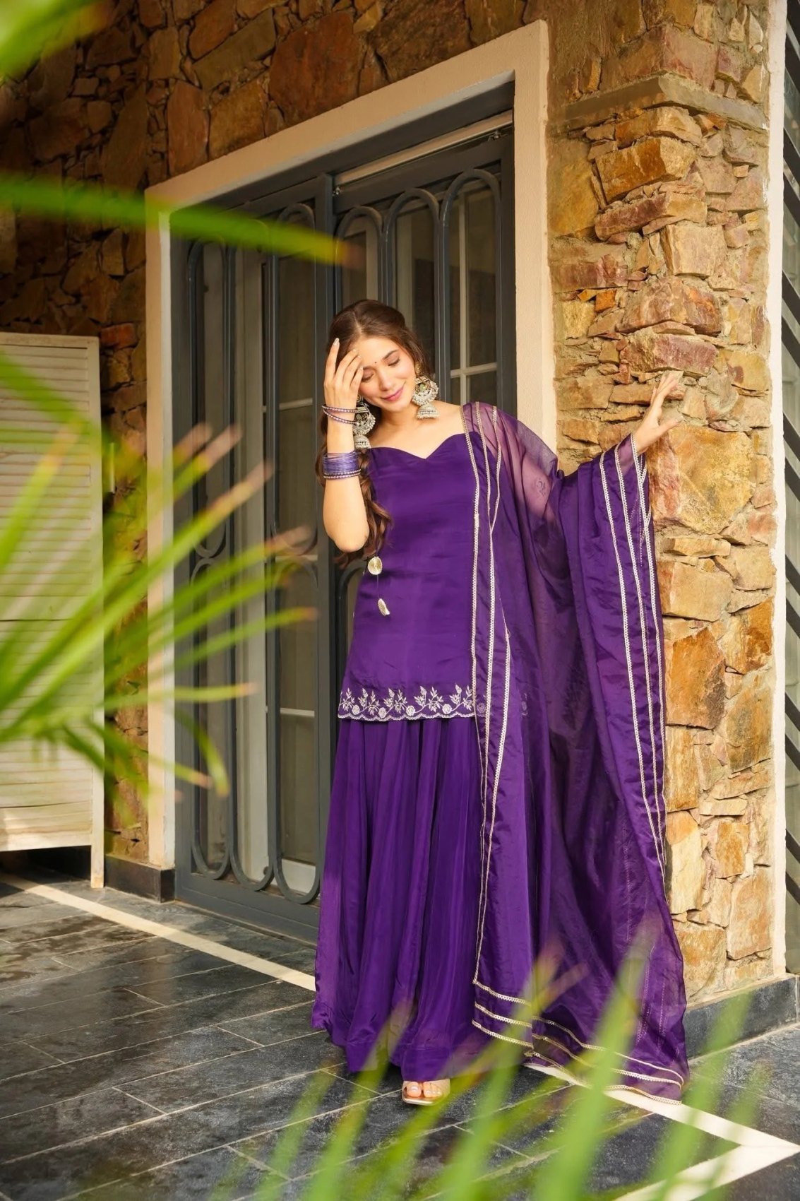 Purple silk set styled with the organza dupatta