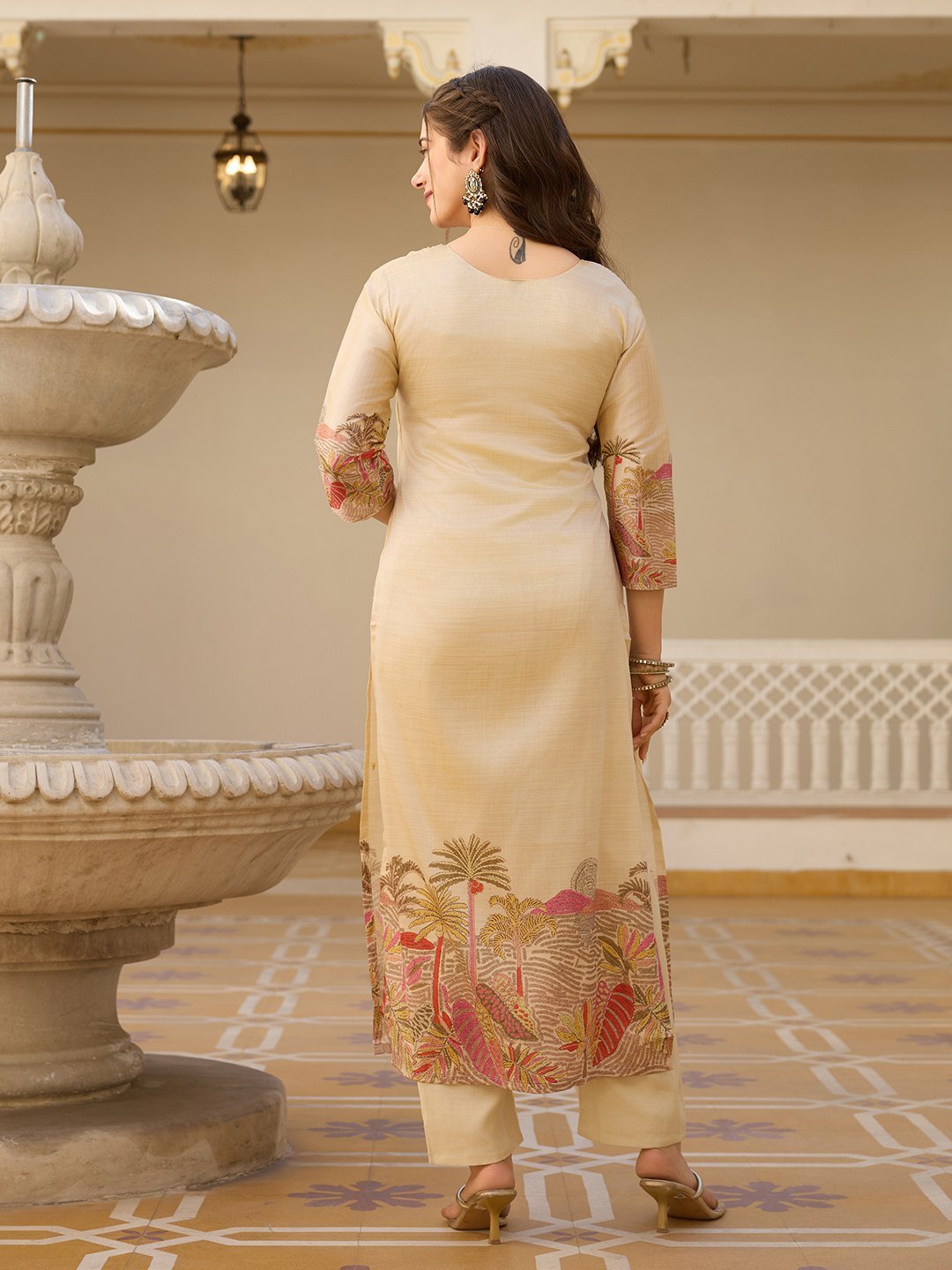 Back view of the beige Assam silk kurta and matching pant