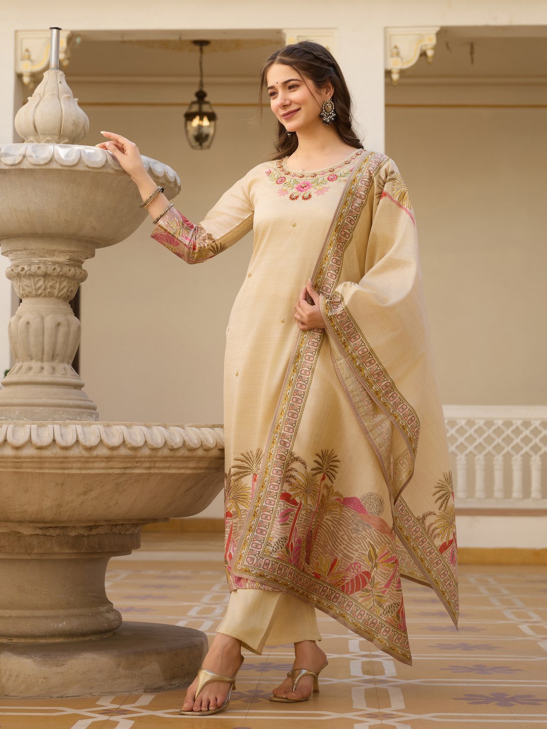 Beige bead embroidered Assam silk kurta with pant and dupatta, front view