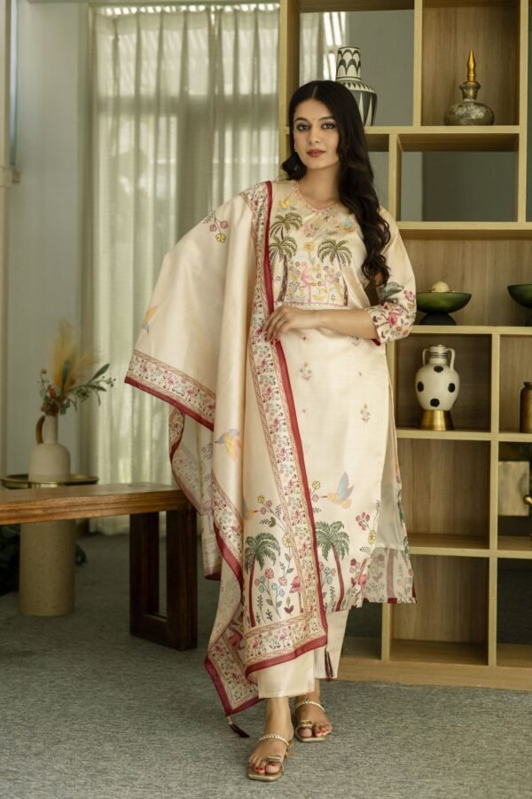 Cream tropical print Assam silk kurta with pant and dupatta, front view
