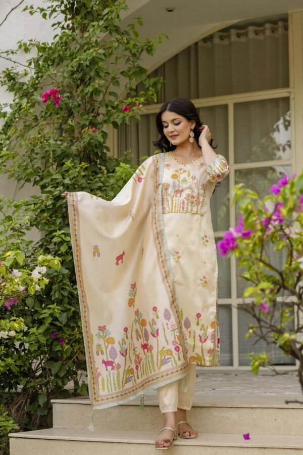Cream garden embroidered Assam silk kurta with pant and dupatta, front view