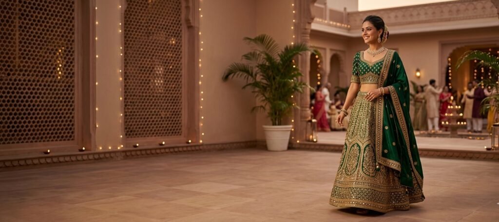Woman in a green and gold lehenga in a courtyard