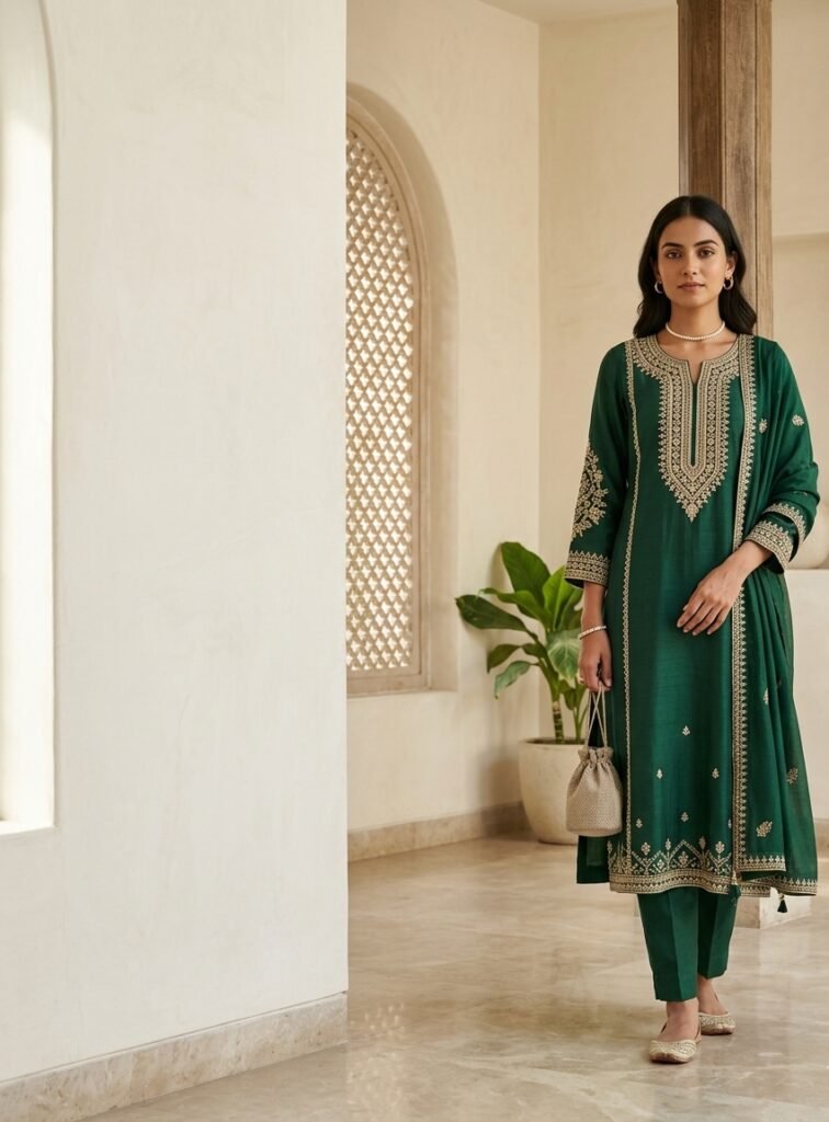 Woman in an emerald green kurta set standing in a sunlit arched corridor
