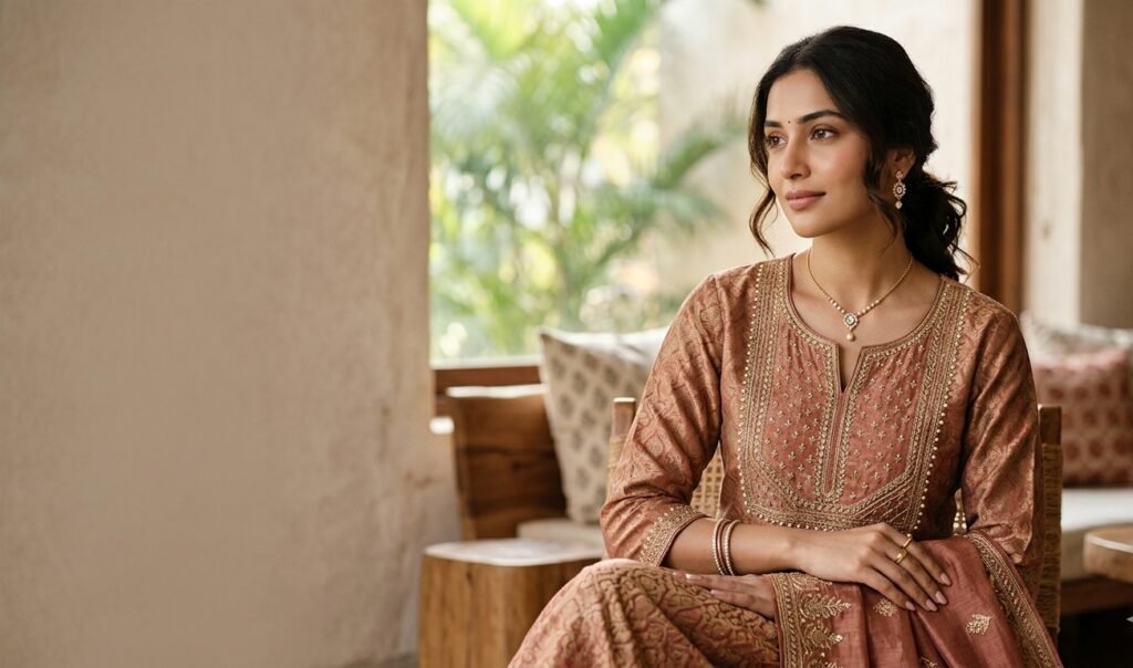 Woman in a rust silk kurta seated by a window