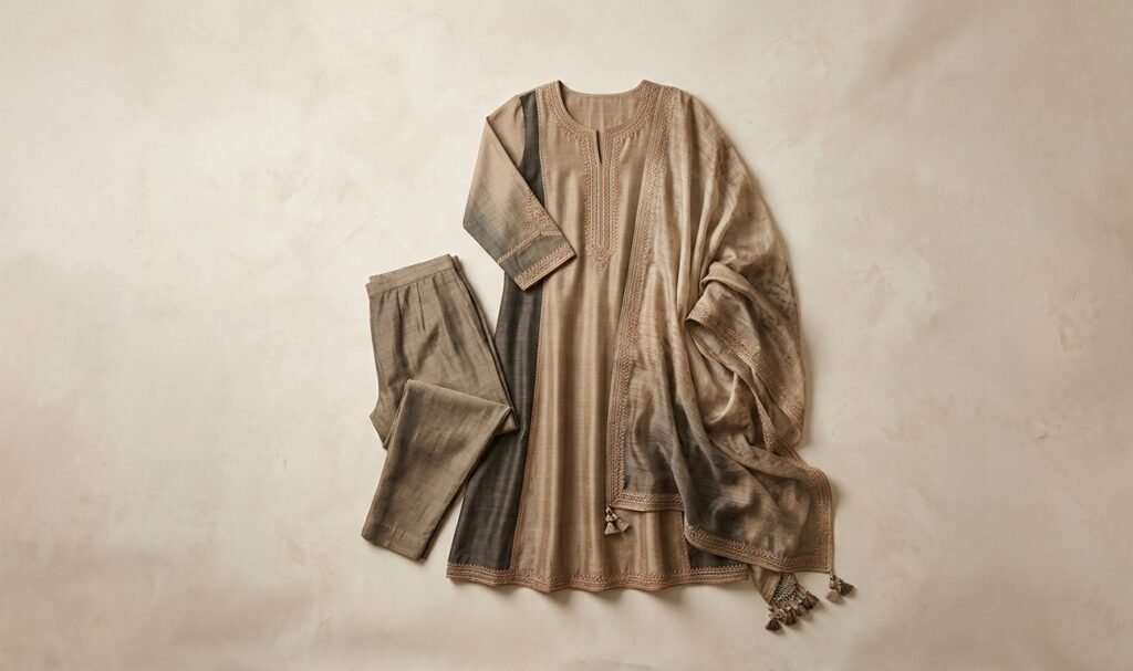 Beige kurta set with matching dupatta laid flat