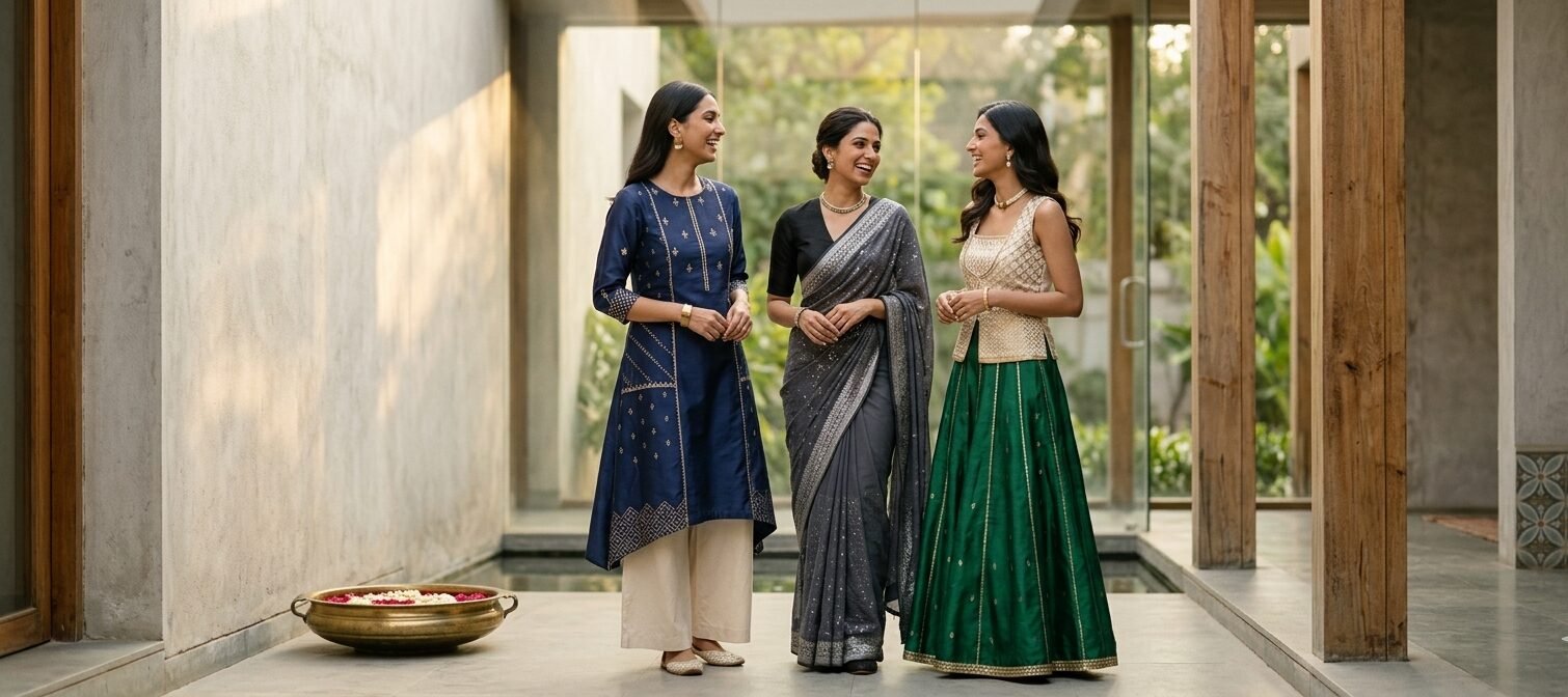 Three women in a saree, kurta set and lehenga in a courtyard