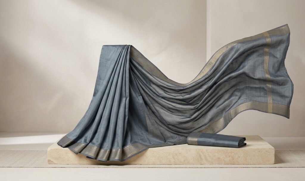 Grey saree draped over a stone plinth
