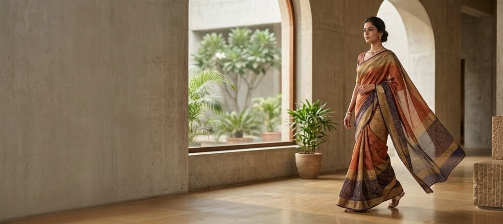 Woman in a printed saree walking through a sunlit room