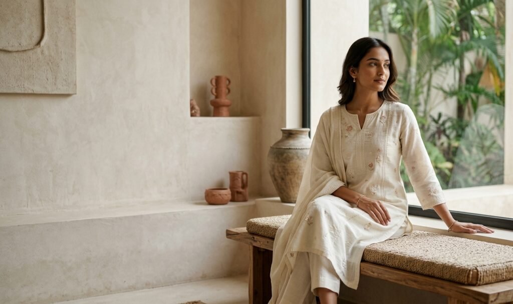 Woman in an ivory kurta set seated on a wooden bench