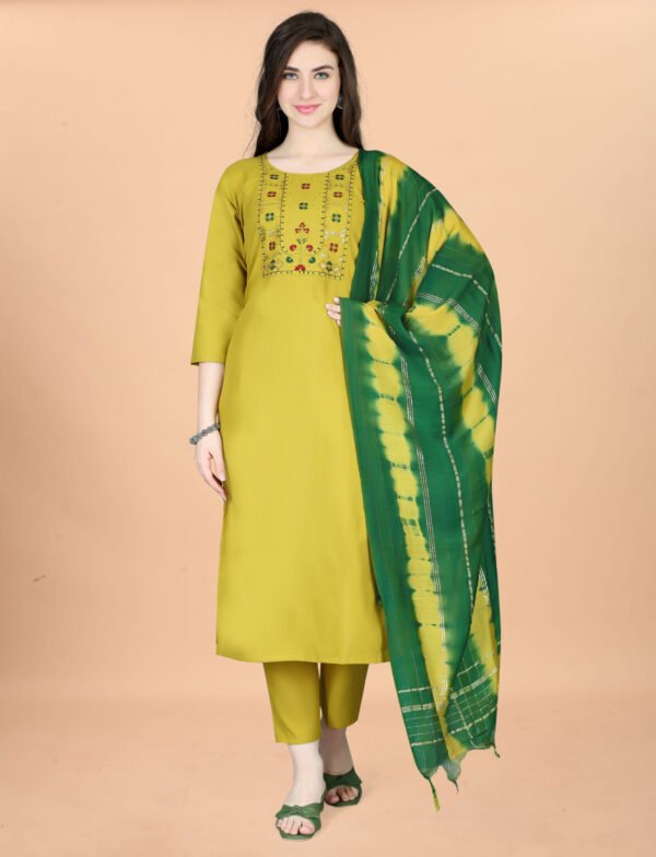 Mustard yellow embroidered cotton blend kurta with pant and green tie-dye dupatta, front view