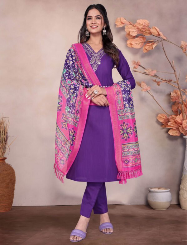 Purple embroidered cotton blend kurta with pant and patola print dupatta, front view