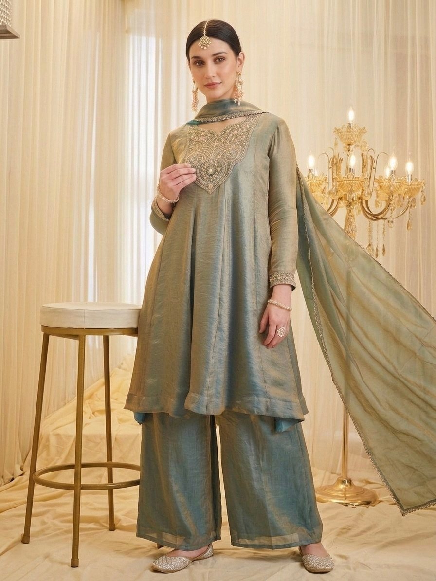 Teal embroidered Fandy silk A-line kurta with palazzo and dupatta, front view