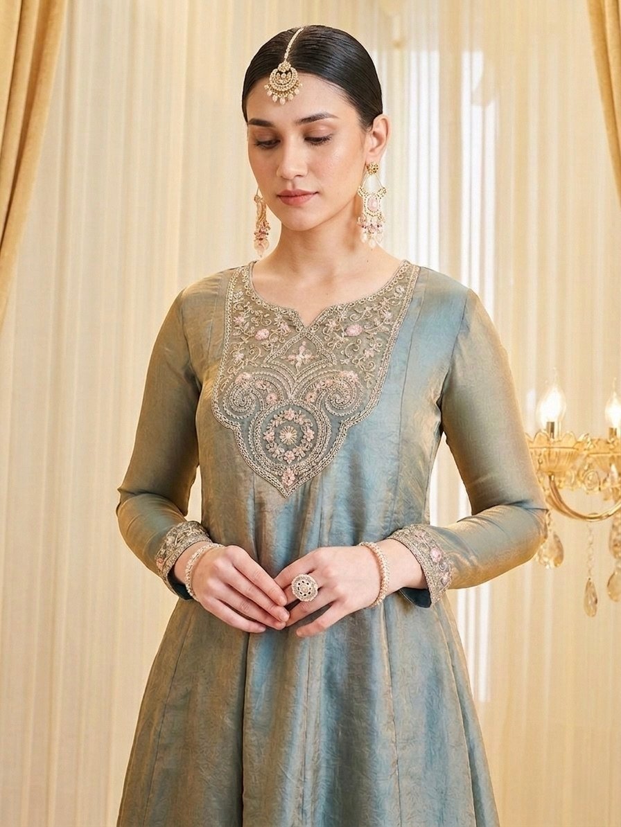 Close-up of the embroidered yoke on the teal Fandy silk kurta