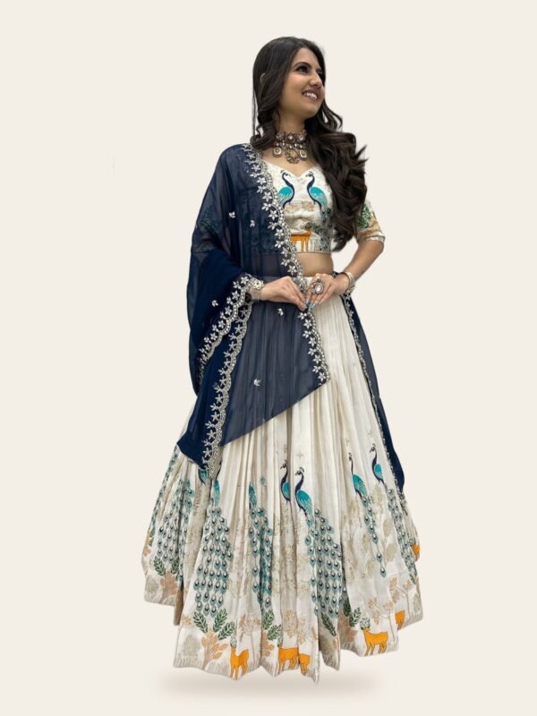 Deer Motif Embroidered Chinon Semi-Stitched Lehenga Choli Set - full look on ivory background
