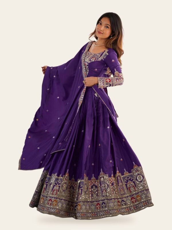 Sanjivani Embroidered Chinon Semi-Stitched Lehenga Choli Set - full look on ivory background