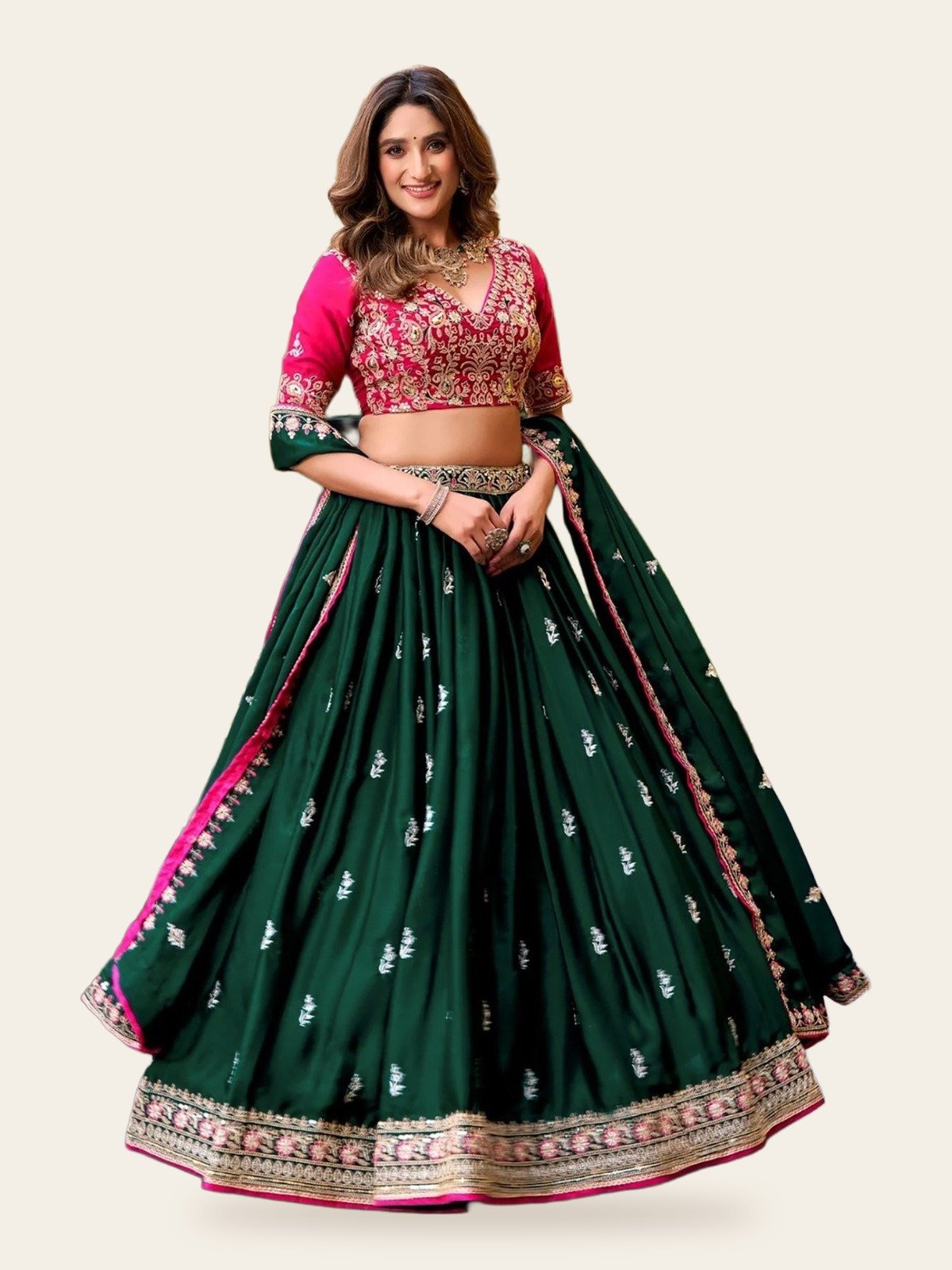 Victoria Zari Embroidered Chinon Semi-Stitched Lehenga Choli Set - full look on ivory background