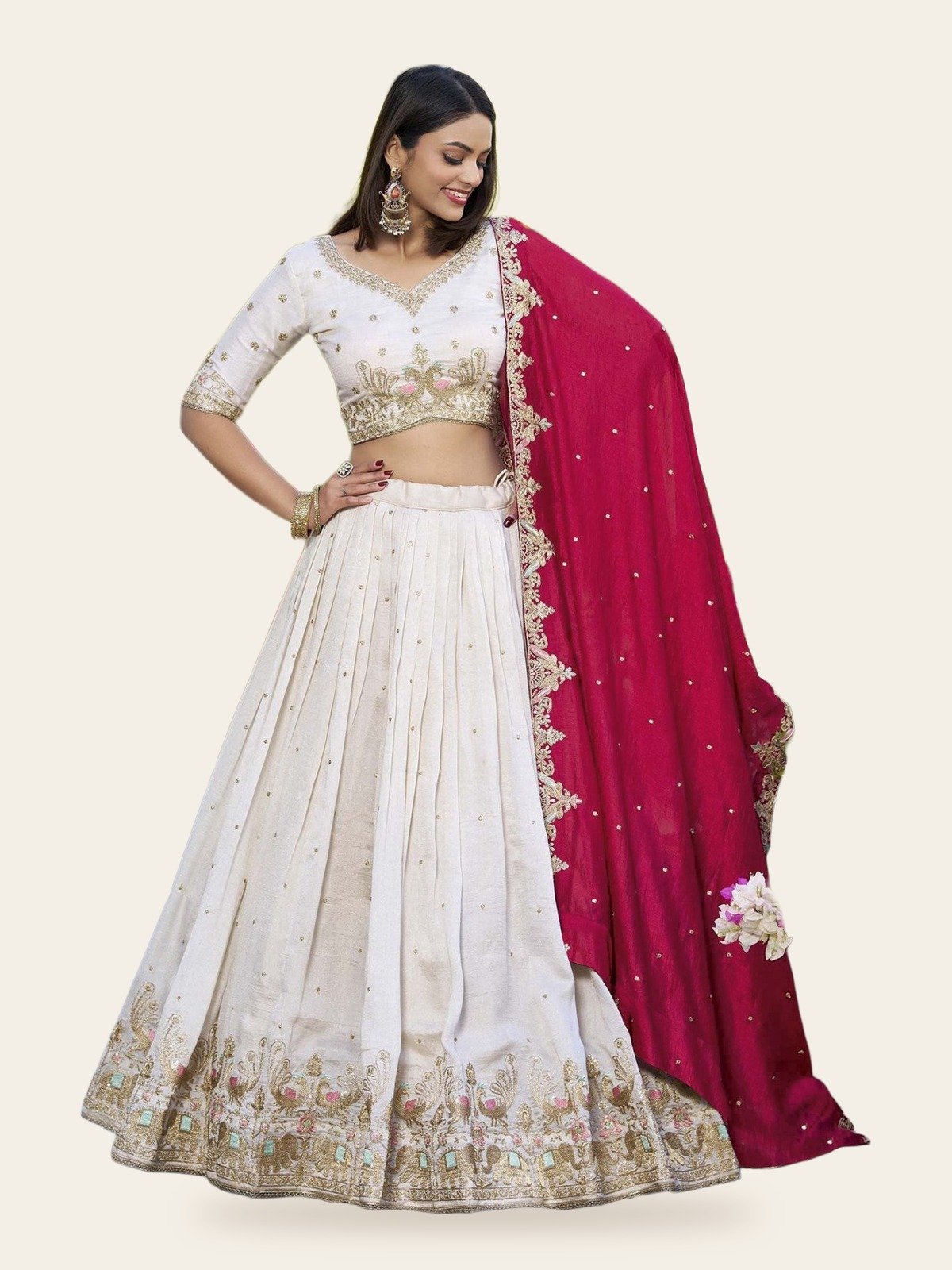 Barati Zari Embroidered Chinon Semi-Stitched Lehenga Choli Set - full look on ivory background