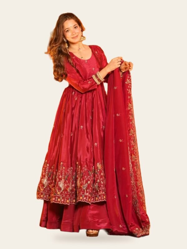 Karnival Pink Embroidered French Crepe Anarkali, Palazzo & Dupatta Set - full look on ivory background