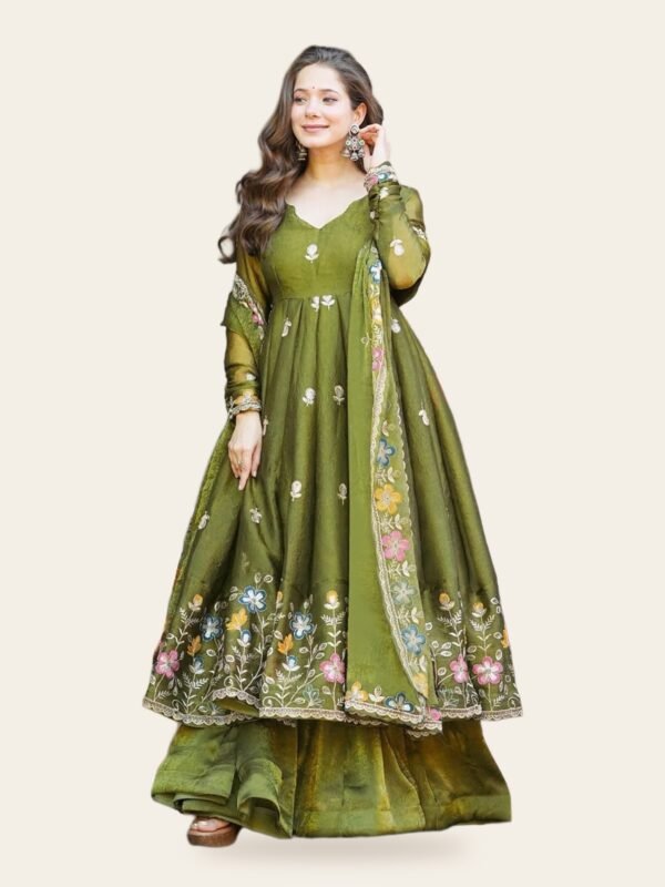 Avani Mehendi Green Embroidered Crunchy Silk Anarkali, Palazzo & Dupatta Set - full look on ivory background