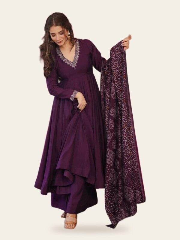 Taara Purple Embroidered Vichitra Anarkali, Palazzo & Dupatta Set - full look on ivory background