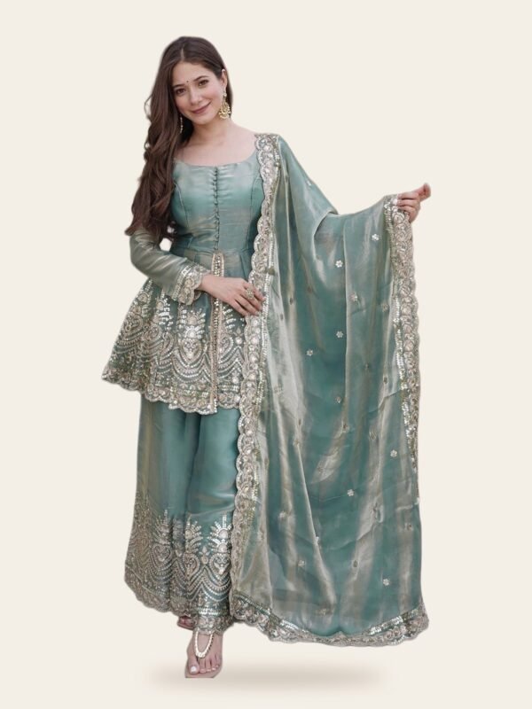 Koyal Firozi Sequin Embroidered Fandy Silk Kurta, Palazzo & Dupatta Set - full look on ivory background