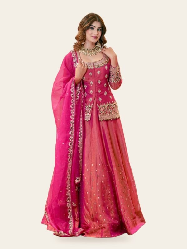 Pushkar Pink Embroidered Roman Silk Ready-to-Wear Lehenga Choli Set - full look on ivory background