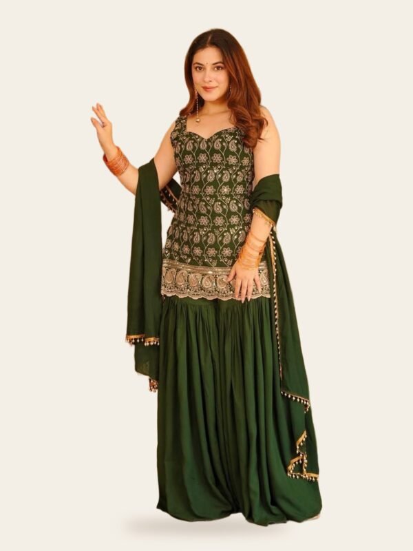 Mango Embroidered French Crepe Kurta, Sharara & Dupatta Set - full look on ivory background