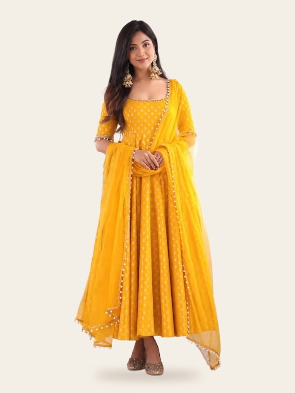 Motichur Yellow Chanderi Jacquard Anarkali, Pant & Dupatta Set - full look on ivory background