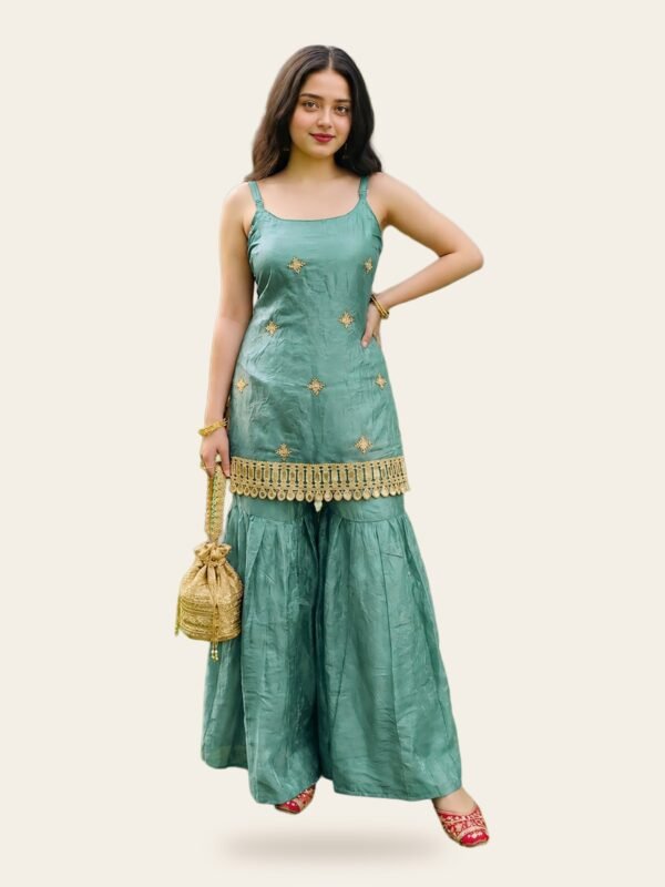 Reshma Mirror & Sequin Embroidered Fendy Silk Top, Palazzo & Dupatta Set - full look on ivory background