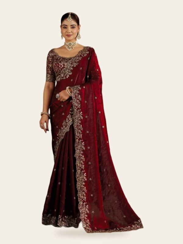 Vivah Embroidered Fandy Party Wear Saree with Blouse - full look on ivory background