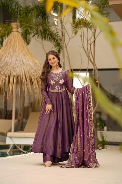 Purple embroidered silk Anarkali kurta set with jacquard dupatta, front view