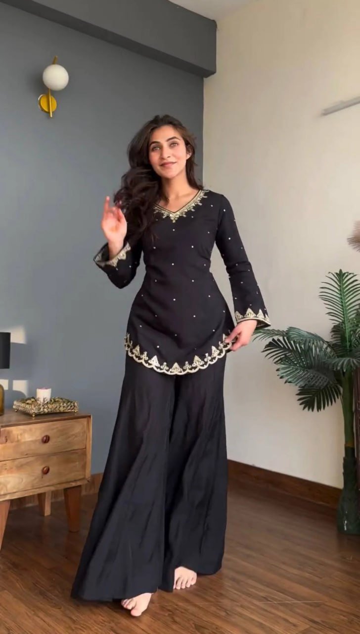 Black embroidered silk crepe kurta with wide-leg pant and organza dupatta, front view