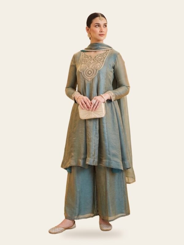 Teal Embroidered Fandy Silk A-Line Kurta, Palazzo & Dupatta Set - full look on ivory background