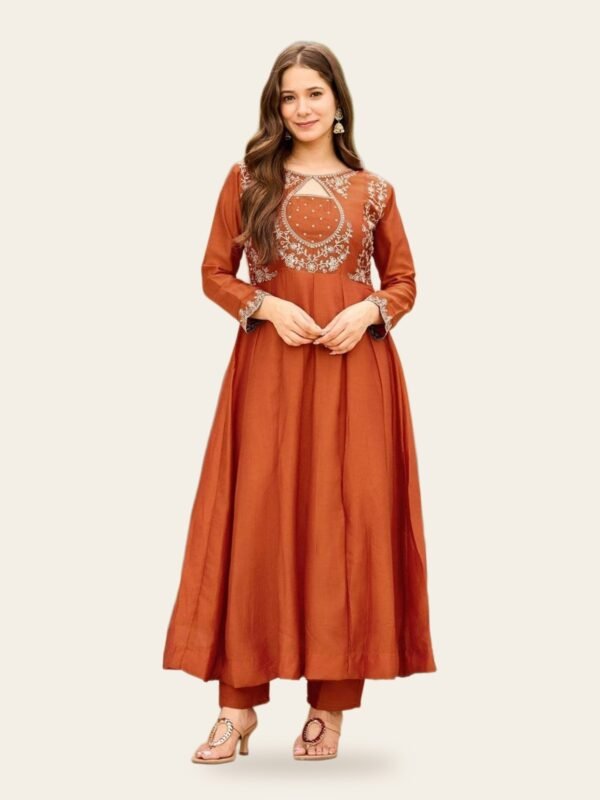 Embroidered Vichitra Anarkali Kurta, Pant & Dupatta Set - full look on ivory background