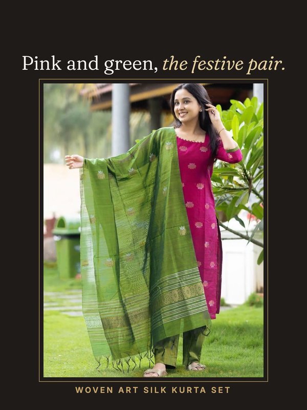 Pink art silk kurta set with a green dupatta, from the Indicloths Instagram Reel
