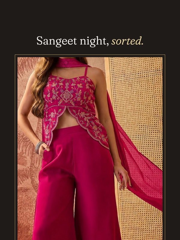 Rani pink embroidered top and palazzo set for sangeet night, from the Indicloths Instagram Reel