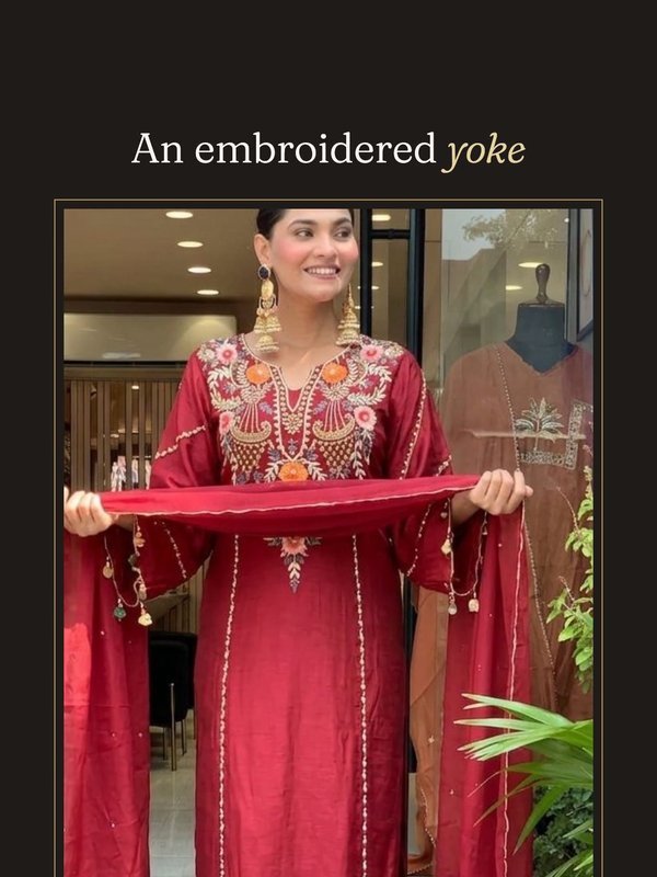 Red chanderi kurta set with an embroidered yoke, from the Indicloths Instagram Reel