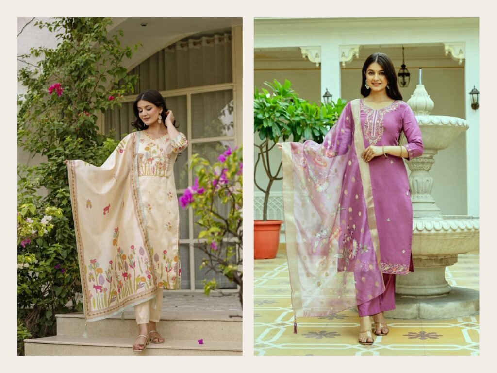 Cream Garden embroidered Assam silk kurta set and Mauve chanderi silk kurta set